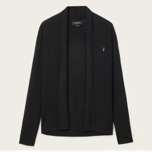 AllSaints Mode Merino Ramskull Black Open Front Cardigan Shawl Collar Sweater L